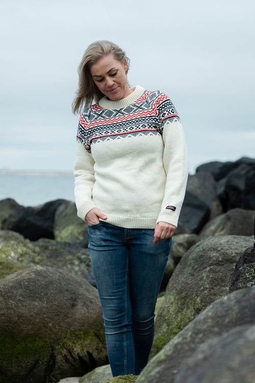 126-151  - Ecru/Red/Black Norwegian Marius Round Neck Sweater