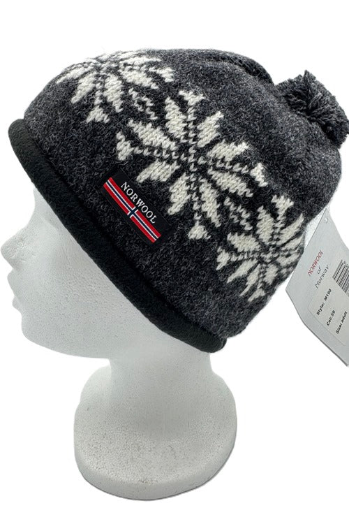 M190 59 - Noorse Wollen Snowflake muts met Fleeceband - Antracite